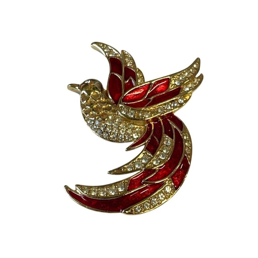 Vintage Gold-Tone & Red Enamel Bird Brooch With Rhinestone Accents‎ By Giorgio